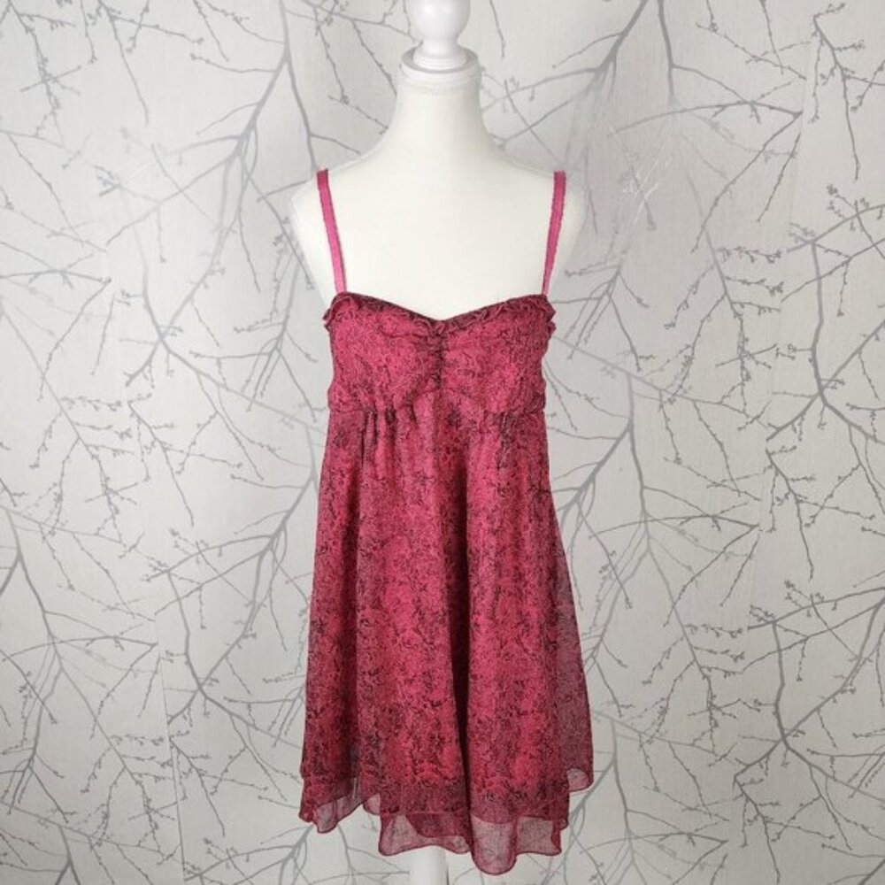 Volcom Hot Pink Lace Print Strappy Babydoll Flowy Y2K Mini Dress